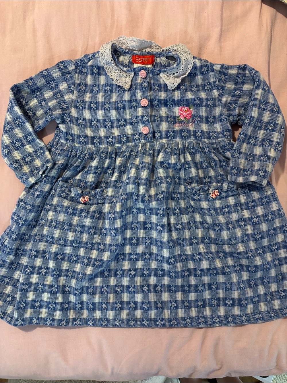 Vintage Esprit Blue Plaid Long-Sleeve Girls Dress with Lace Collar